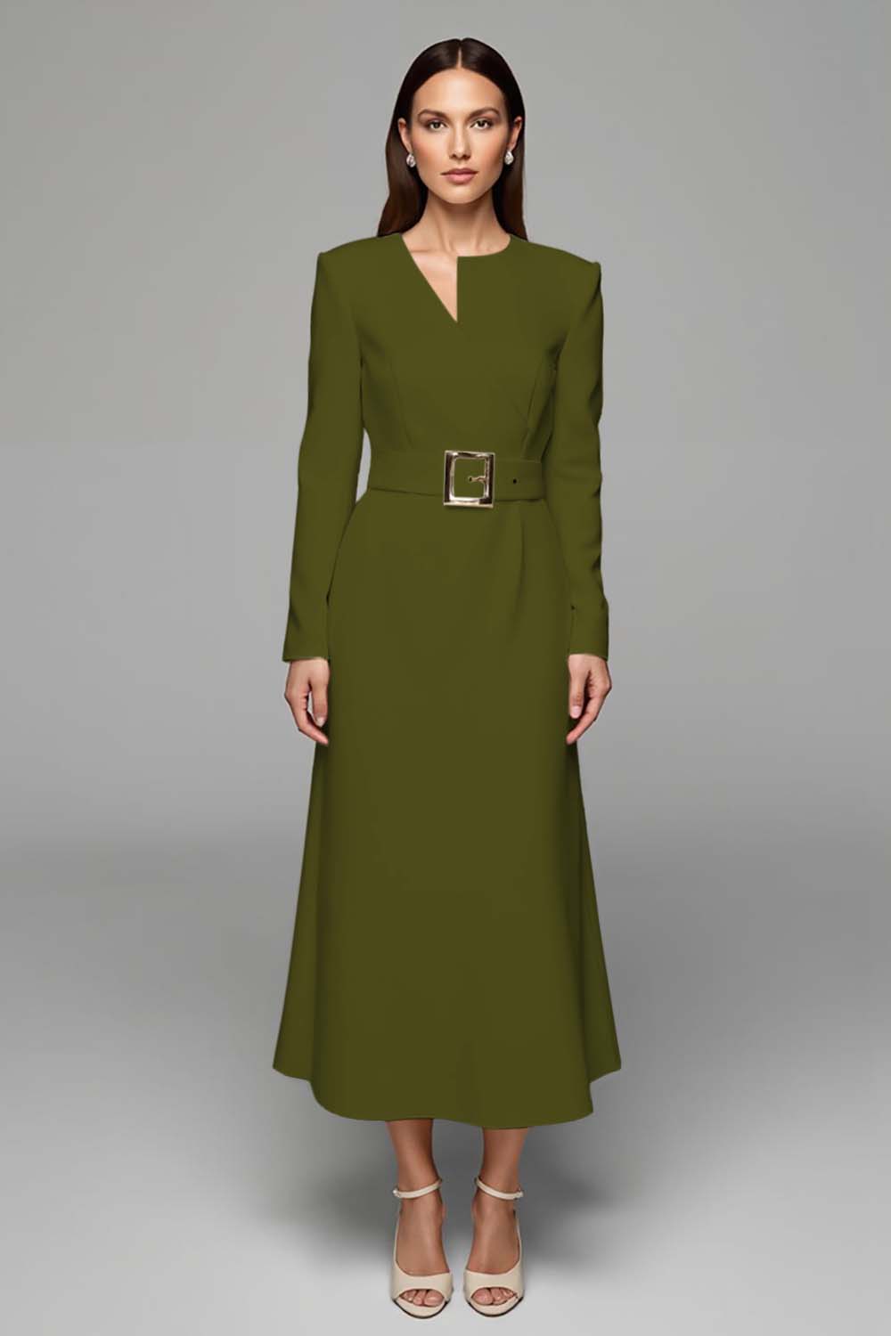 Ivory Asymmetrical Neck Long Sleeves Work Dress with Belt