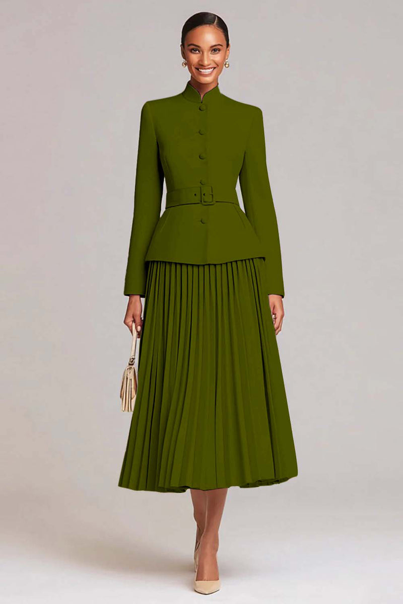 2 Piece Light Pink Pleated High Neck Business Suits with Belt