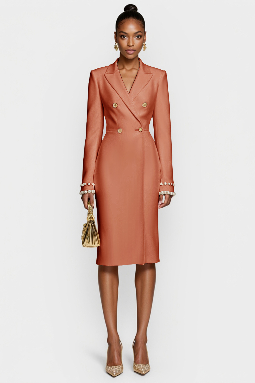 White Satin Peak Lapel Bodycon Midi Work Blazer Dress with Long Sleeves