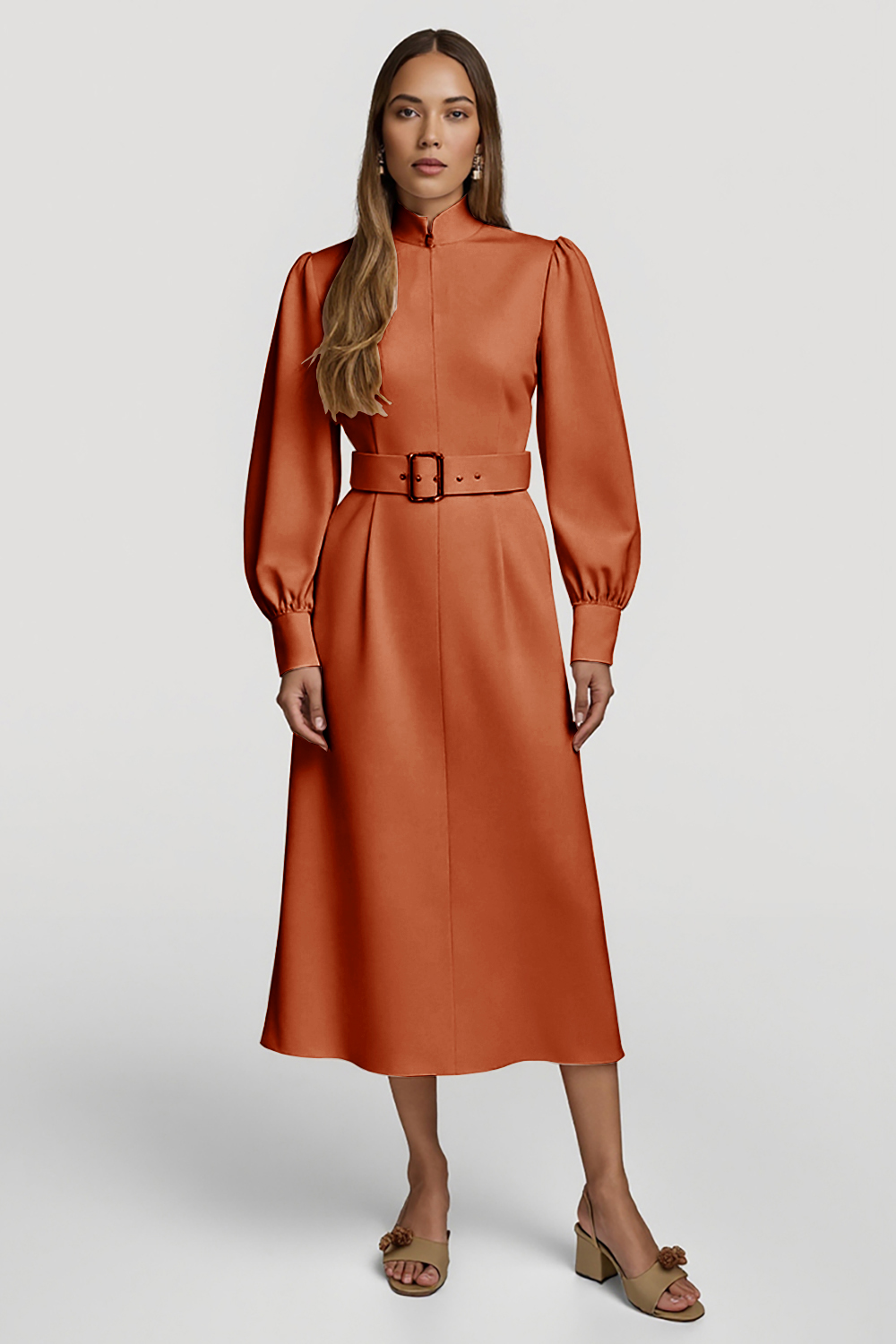 Grey Pink Pencil High Neck Midi Satin Work Dress with Belts