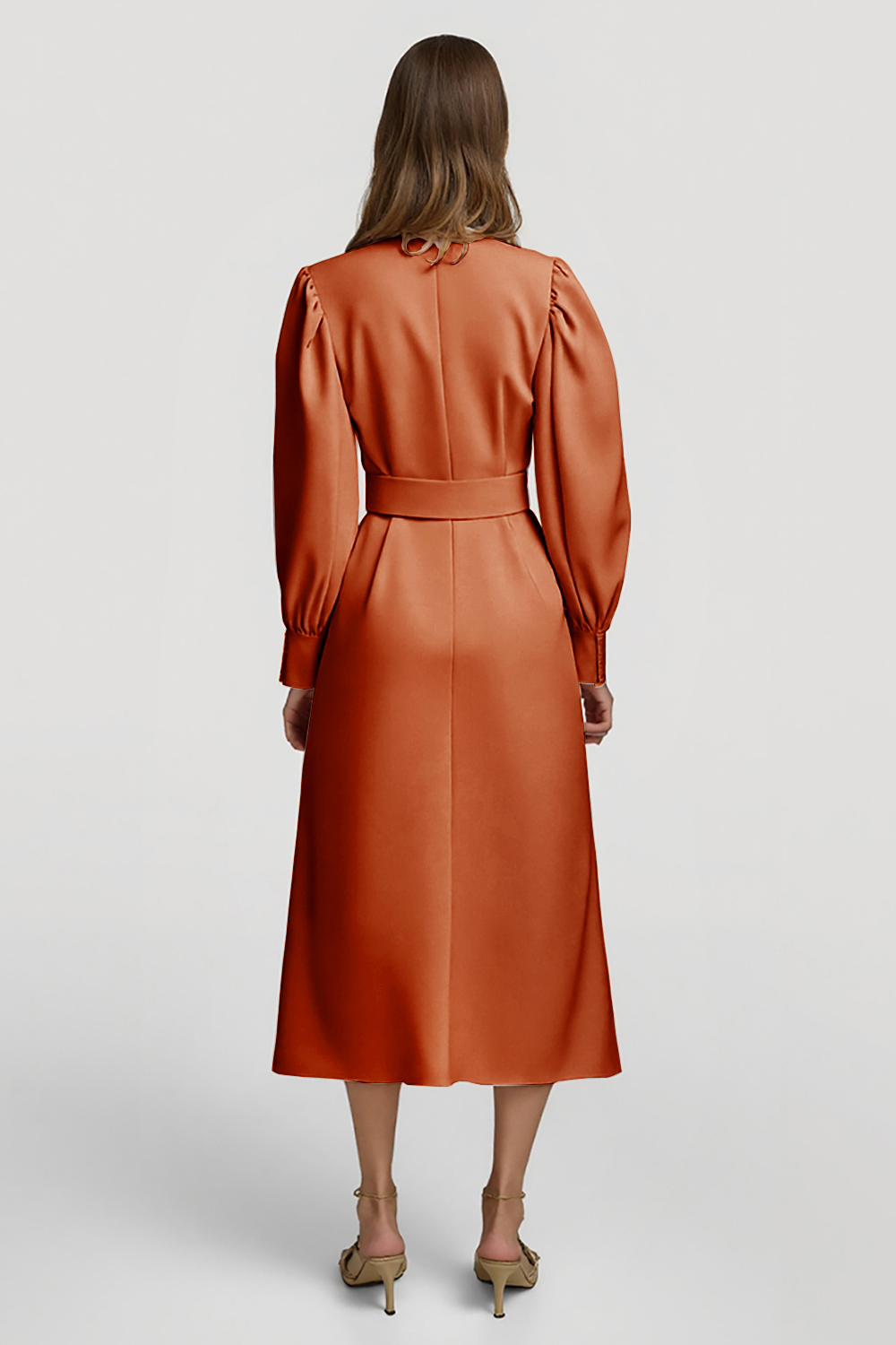 Grey Pink Pencil High Neck Midi Satin Work Dress with Belts