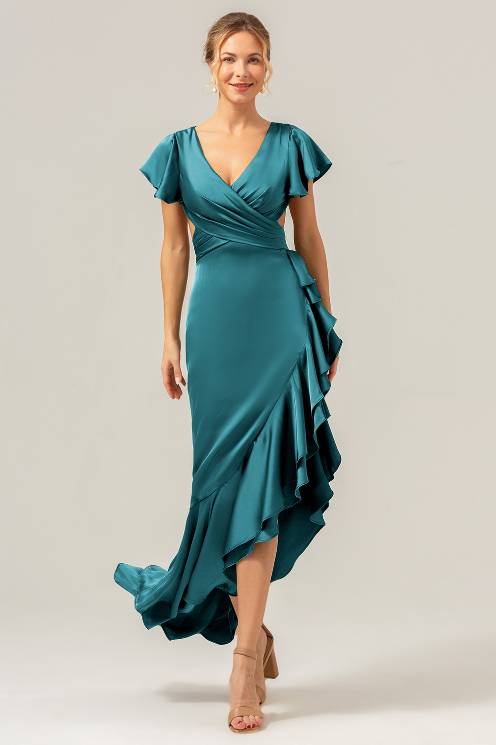 Elegant Asymmetrical Midi Formal Dress with Bow Back