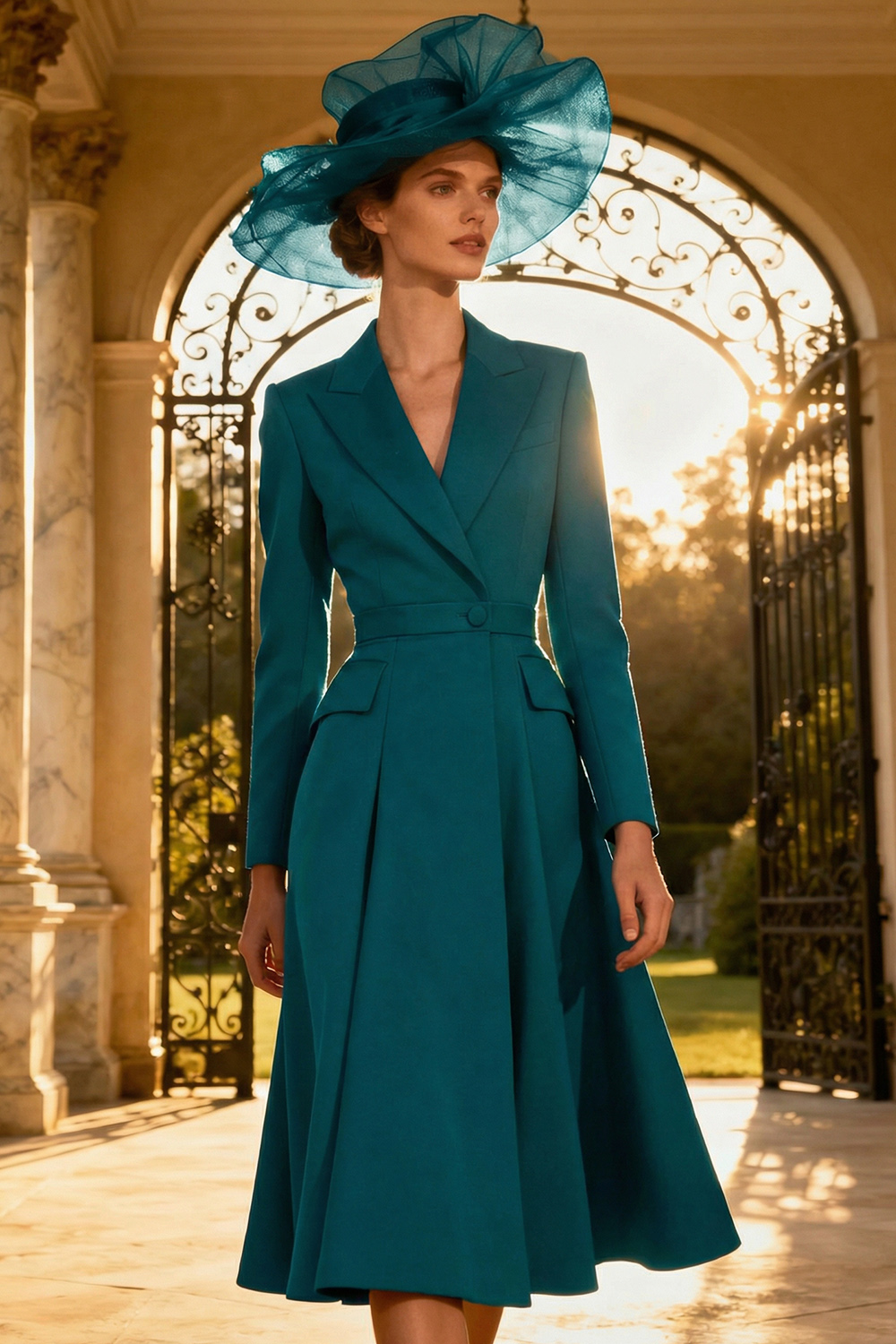 Dark Green A Line Peak Lapel Midi Blazer Dress