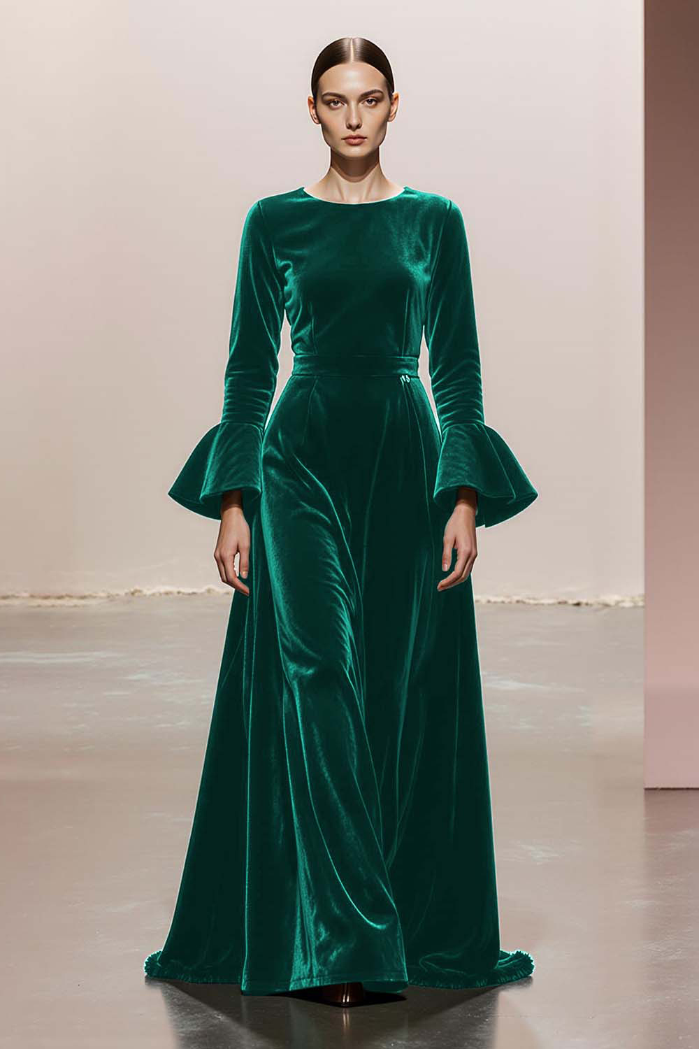 Dark Green A-Line Round Neck Long Velvet Evening Dress with Sleeves