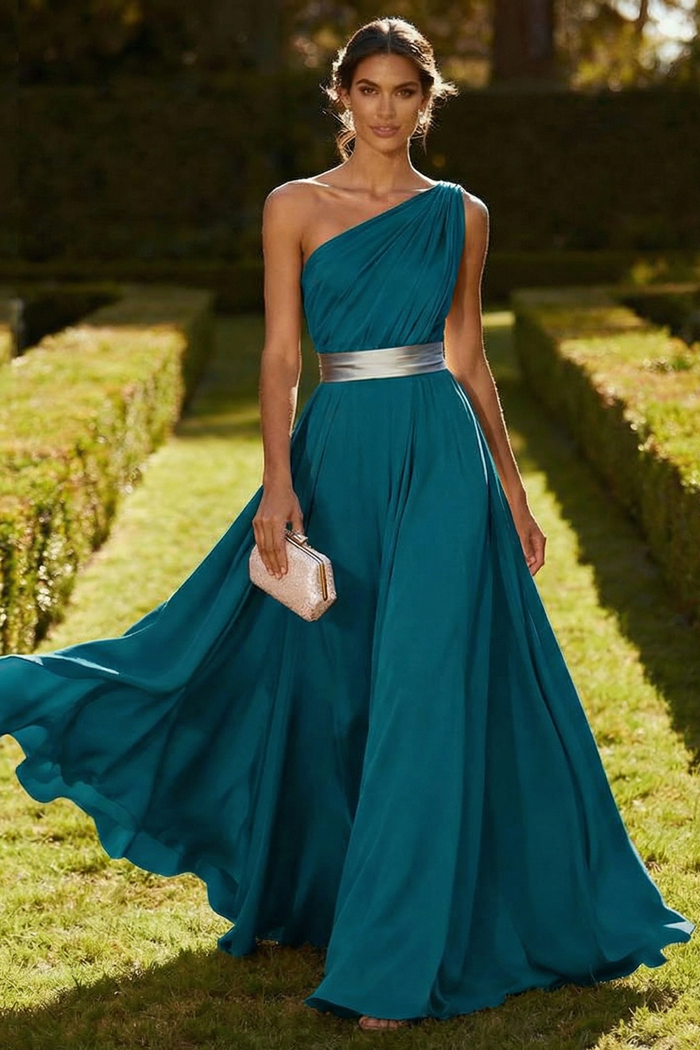 Olive Chiffon One Shoulder Long Ruched Wedding Guest Dress