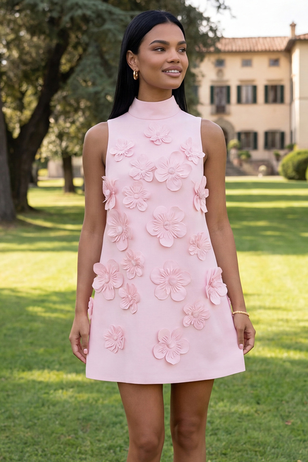 Yellow High Neck A Line Short Homecoming Dress with 3D Flowers