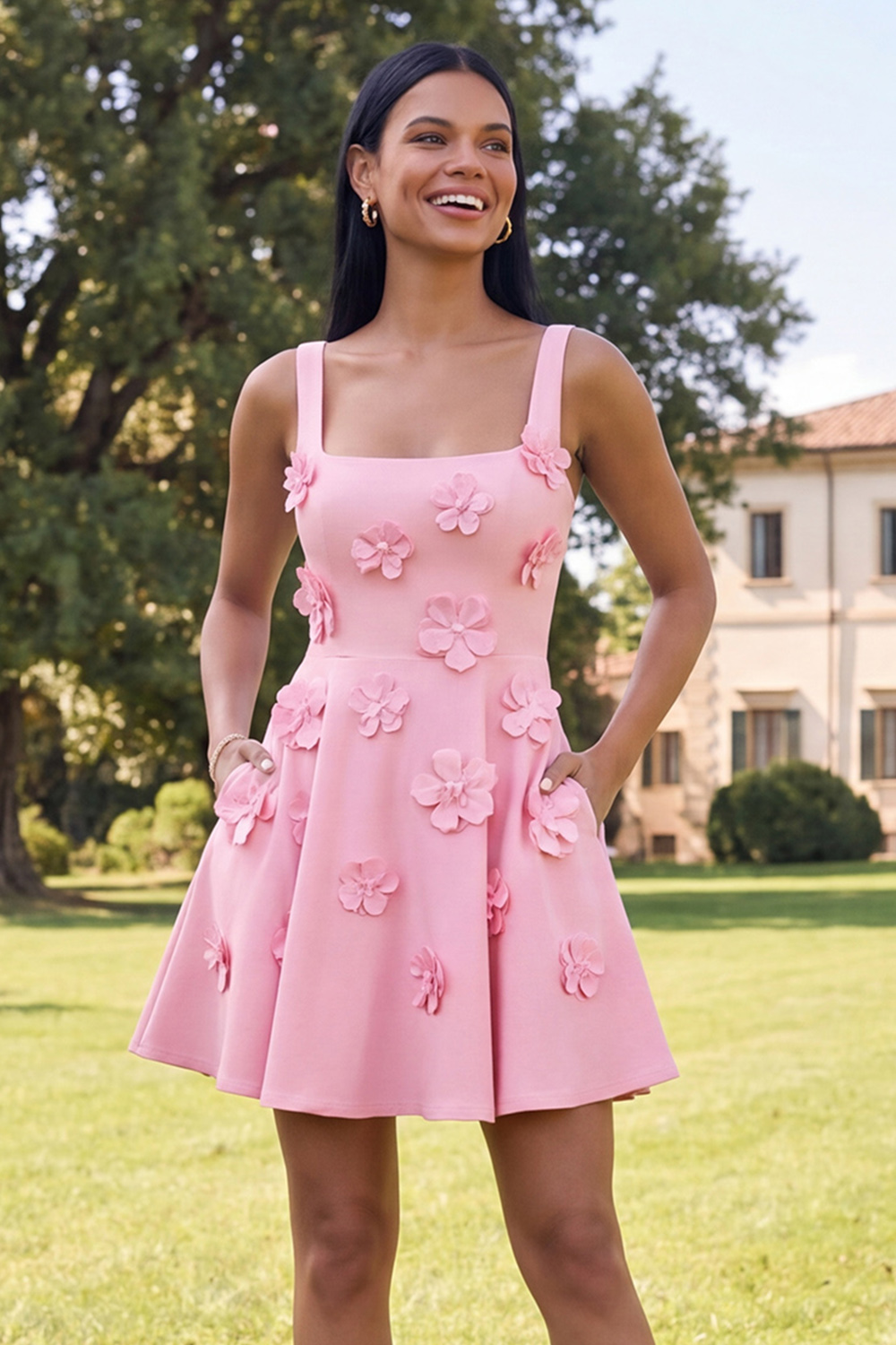 Ivory Square Neck A Line Floral Short Homecoming Dress with Pockets