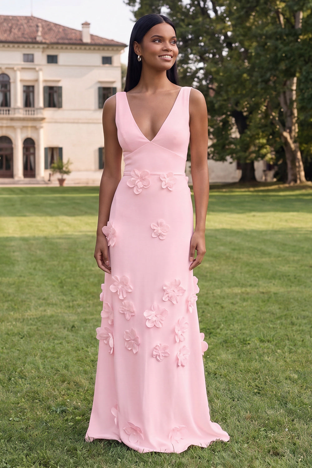 Burgundy Floral Sheath V-Neck Long Wedding Guest Dress