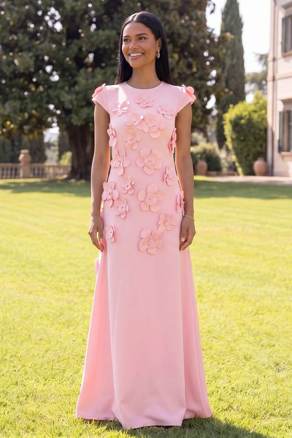 Black Floral A Line Round Neck Long Wedding Guest Dress with Sleeves