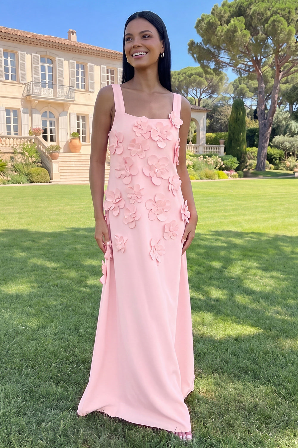 Dark Green Floral A Line Square Neck Maxi Wedding Guest Dress