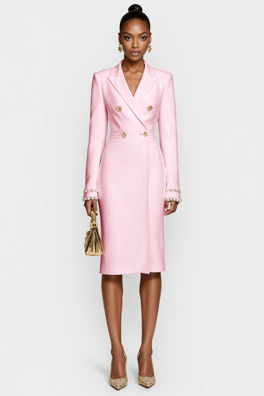 White Satin Peak Lapel Bodycon Midi Work Blazer Dress with Long Sleeves