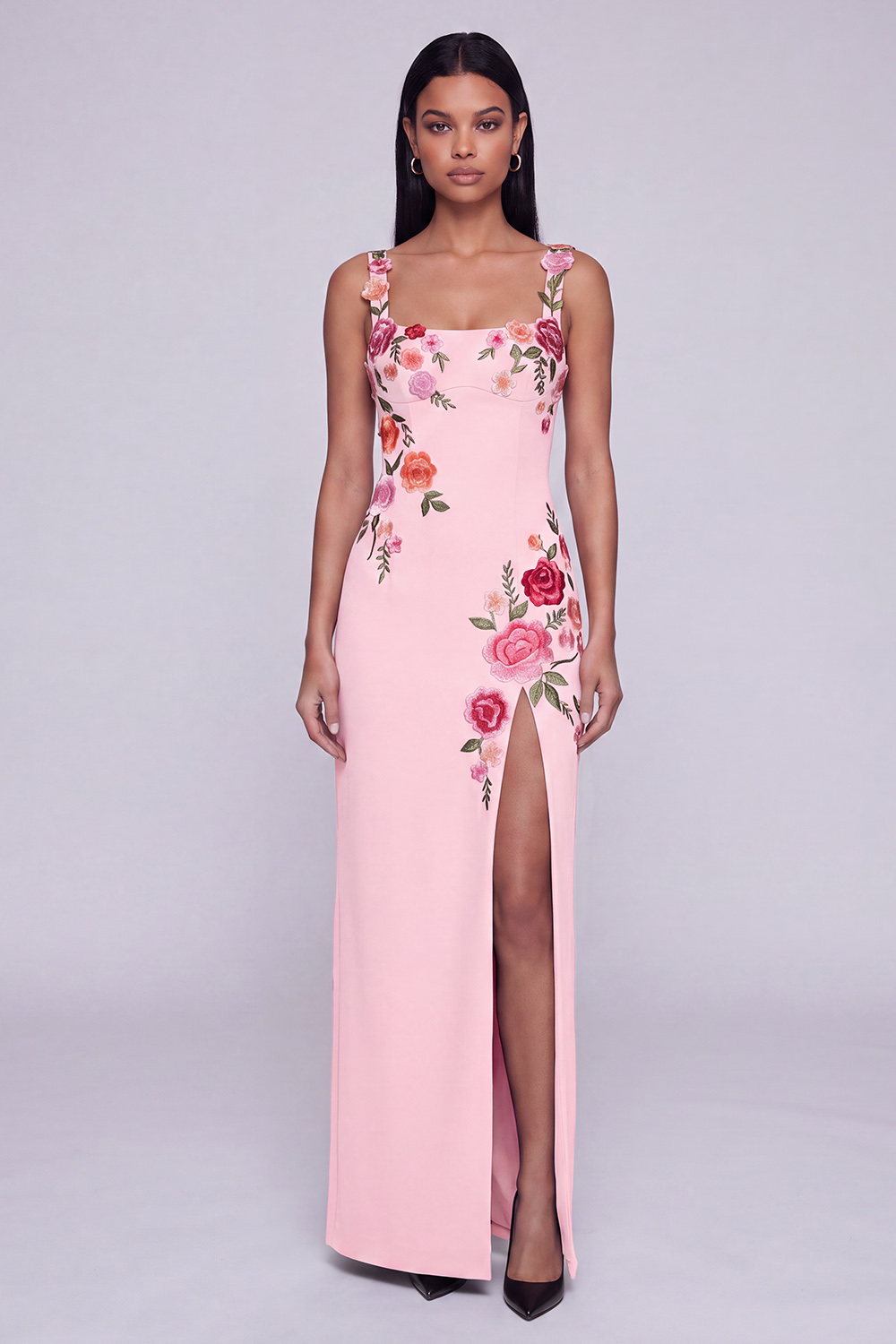 Sheath Black Square Neck Floral Maxi Beach Wedding Guest Dress with Slit