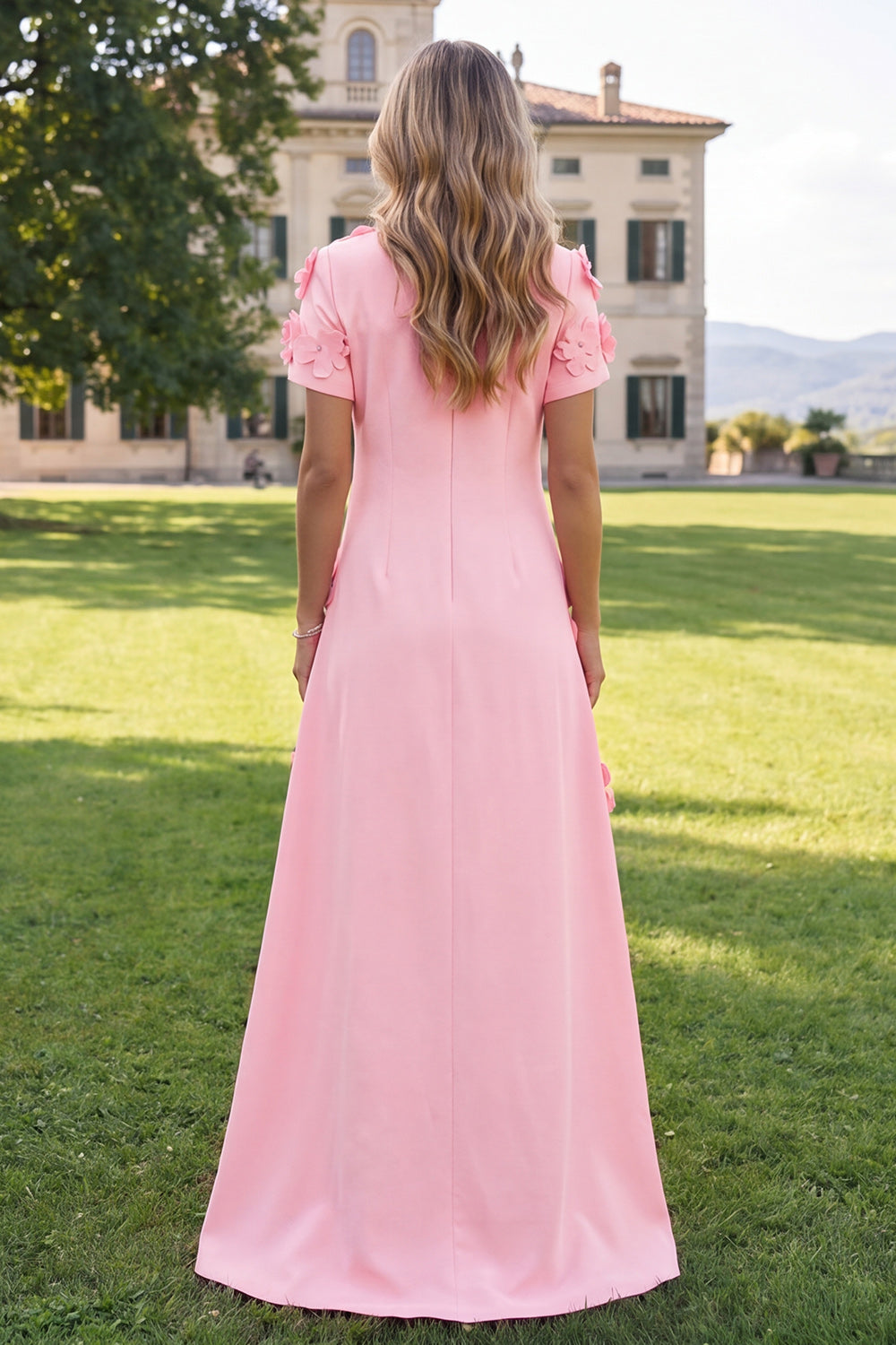 Hot Pink Round Neck Floral A Line Long Wedding Guest Dress with Sleeves