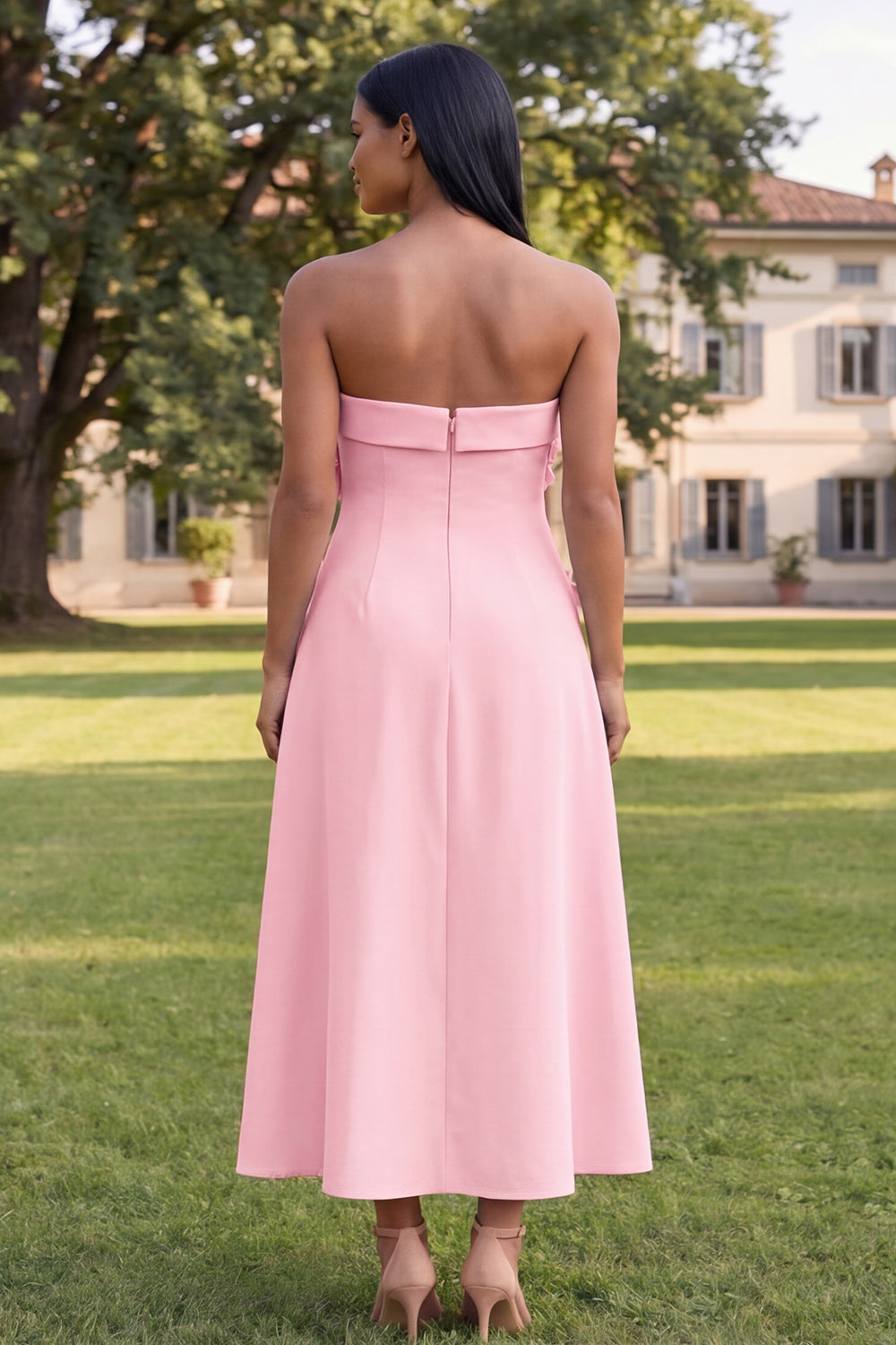 Blue Strapless A Line Maxi Wedding Guest Dress with 3D Flowers