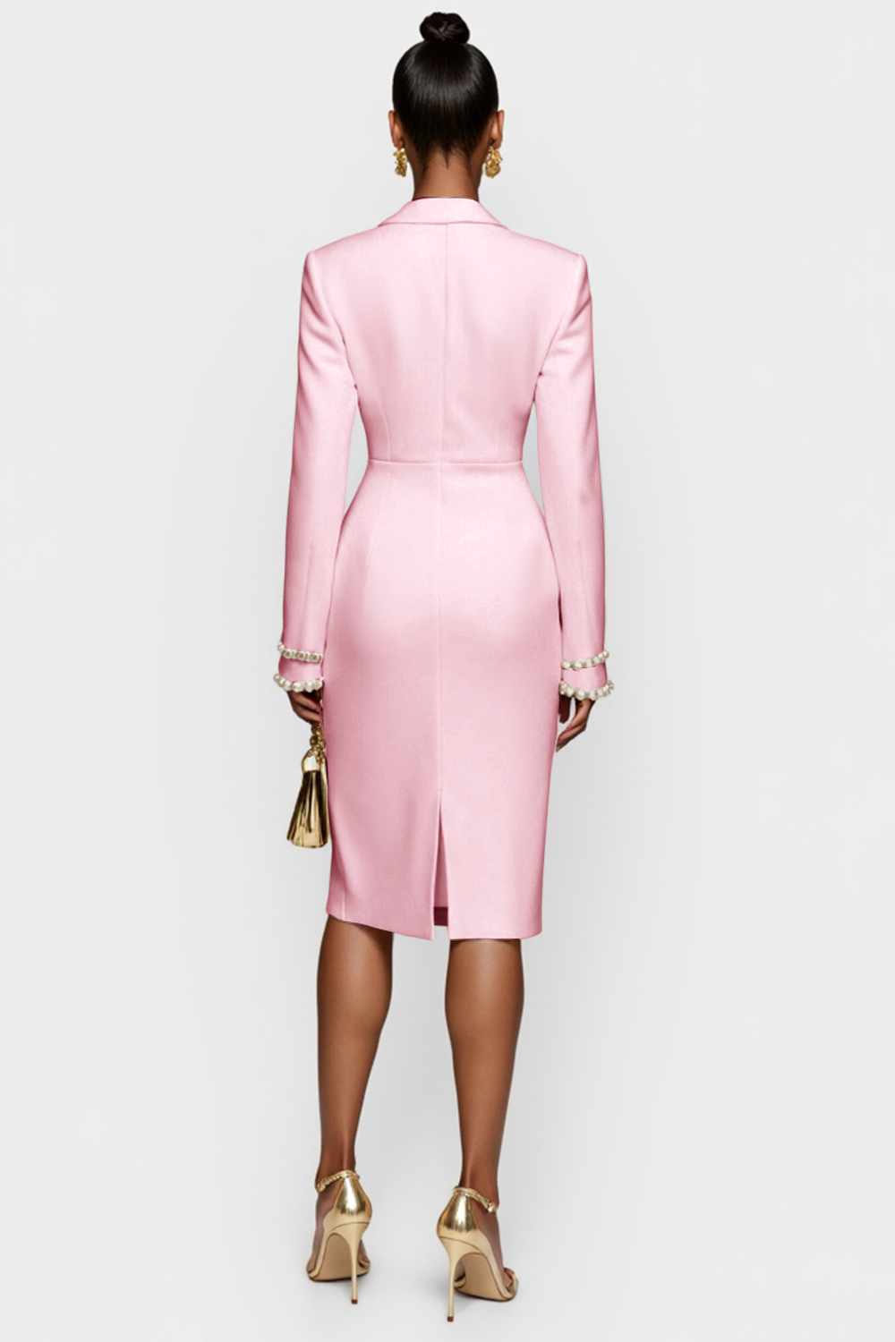 White Satin Peak Lapel Bodycon Midi Work Blazer Dress with Long Sleeves
