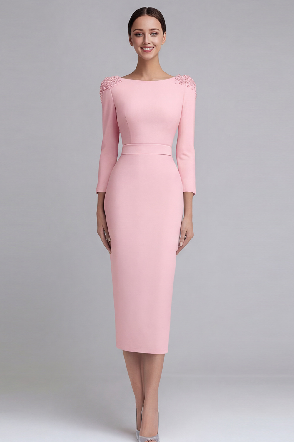 Simple Light Blue Boat Neck Pencil Appliqued Midi Work Dress with Sleeves