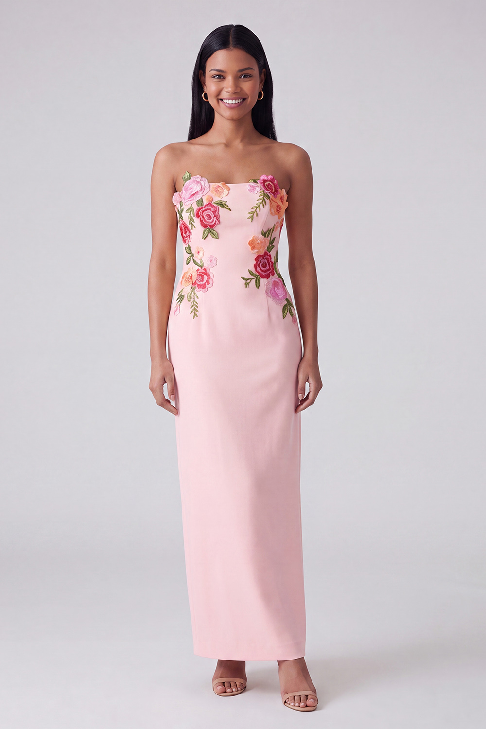 Black Strapless Floral Sheath Maxi Wedding Guest Dress