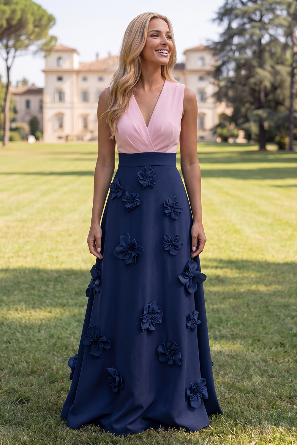 Fuchsia and Orange Color Block Floral V Neck A Line Maxi Wedding Guest Dress