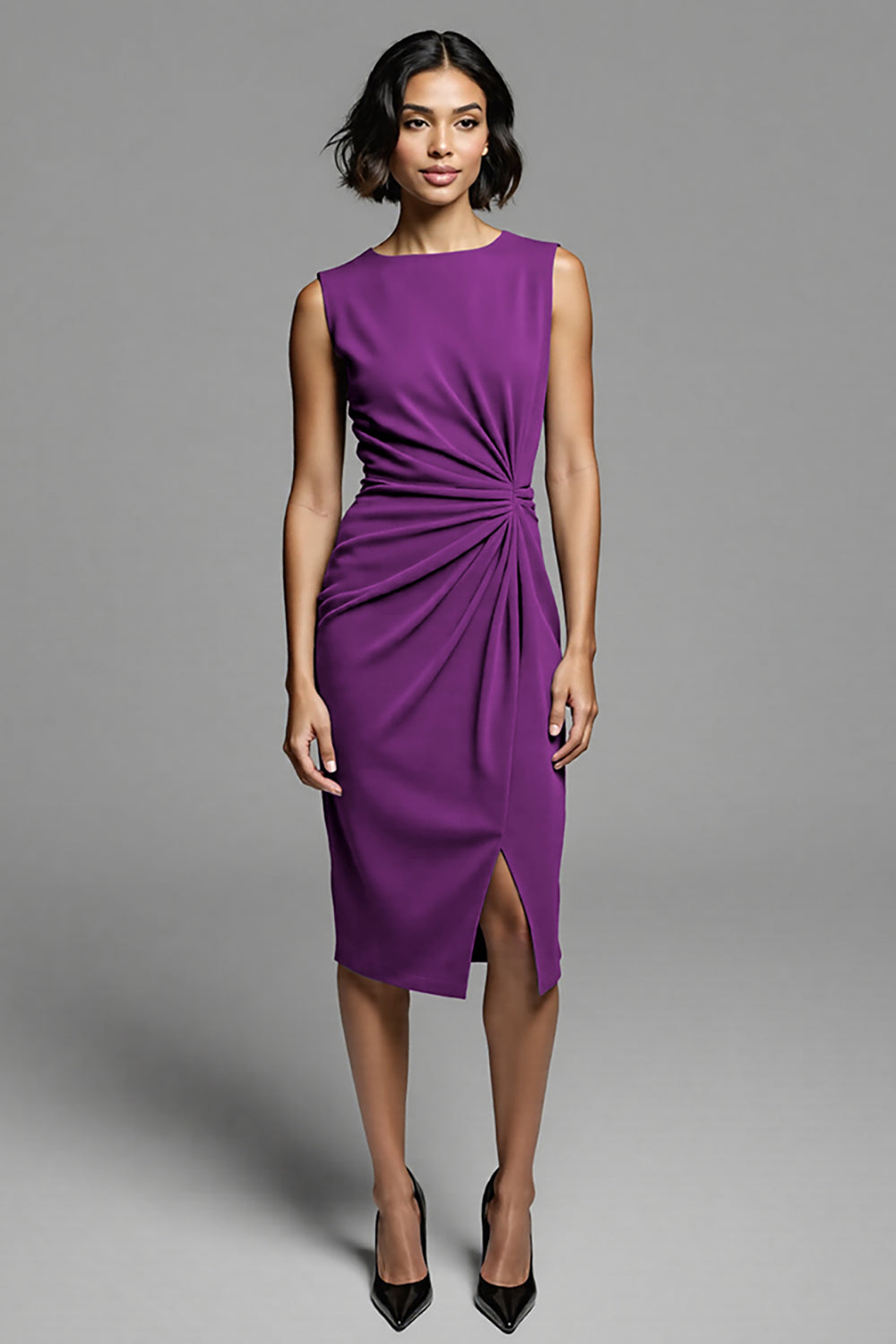 Grey Satin Bodycon Ruched Midi Work Dress with Slit