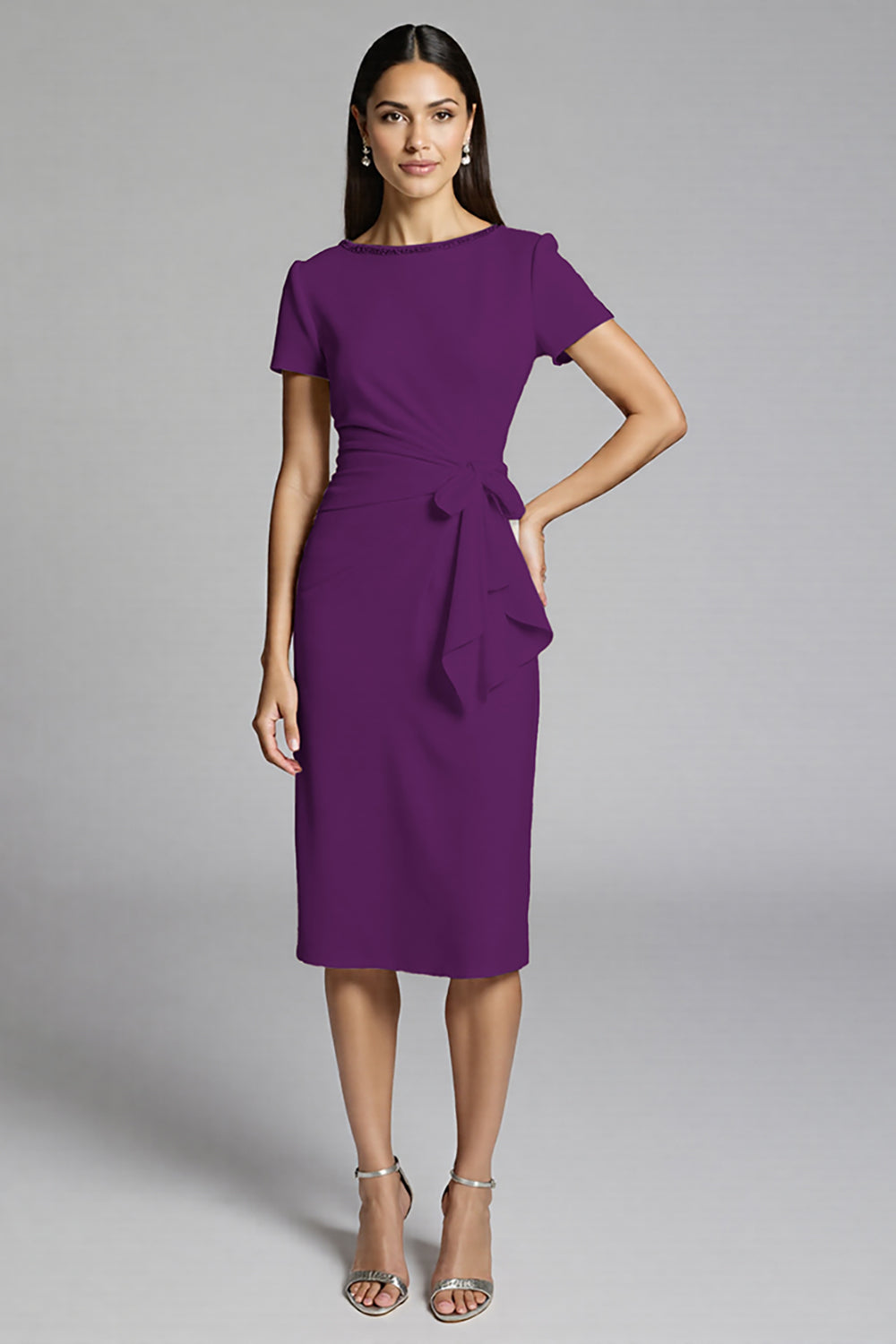 Beige Satin Bodycon Ruffled Midi Work Dress with Sleeves