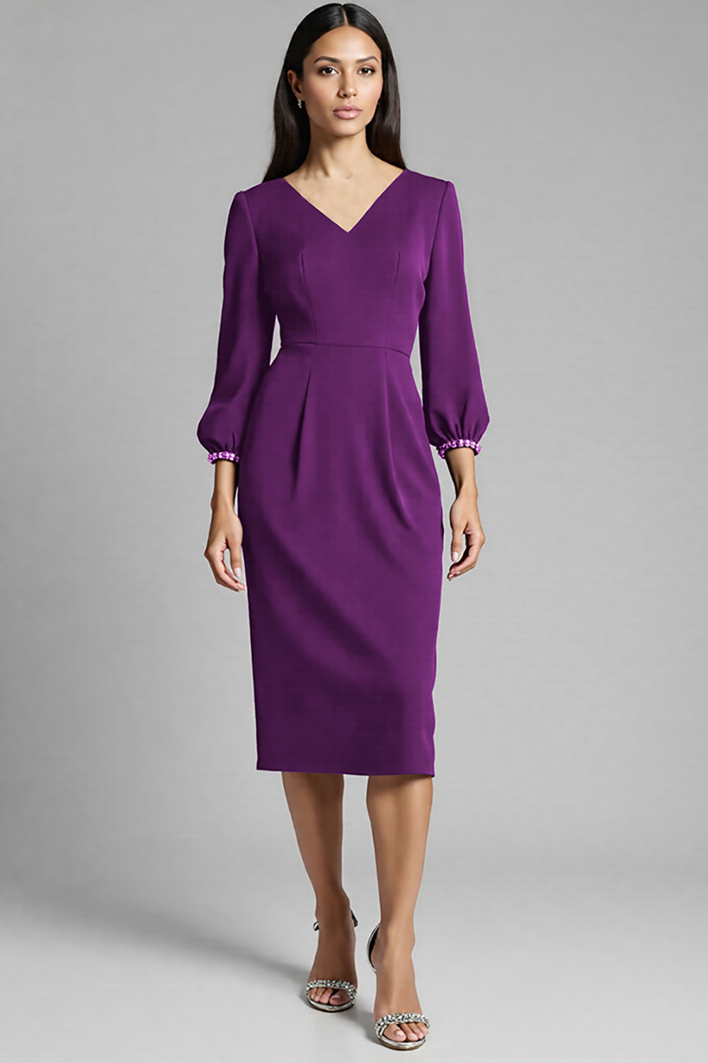 Navy Satin V-Neck Bodycon Midi Work Dress with Long Sleeves