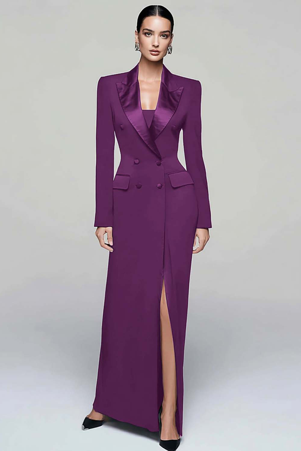 Black Pencil Peak Lapel Double Breasted Maxi Blazer Dress with Sleeves