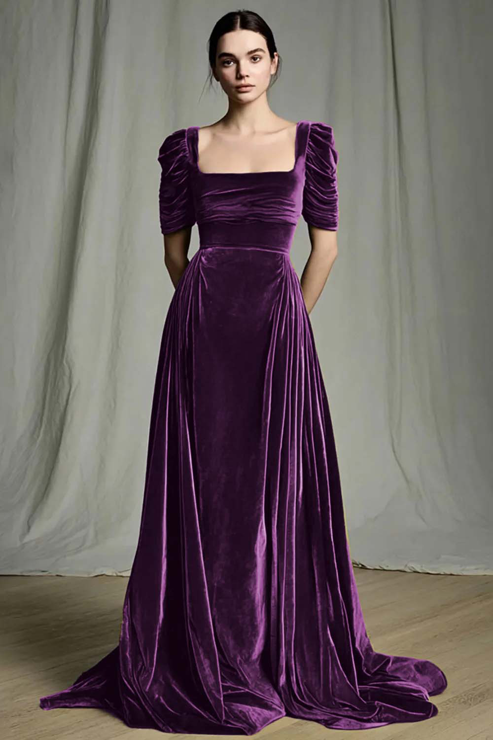Modest Olive A-Line Velvet Square Neck Long Wedding Guest Dress with Sleeves
