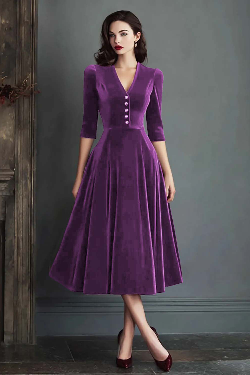 Burgundy Velvet V-Neck A Line Midi Holiday Party Dress