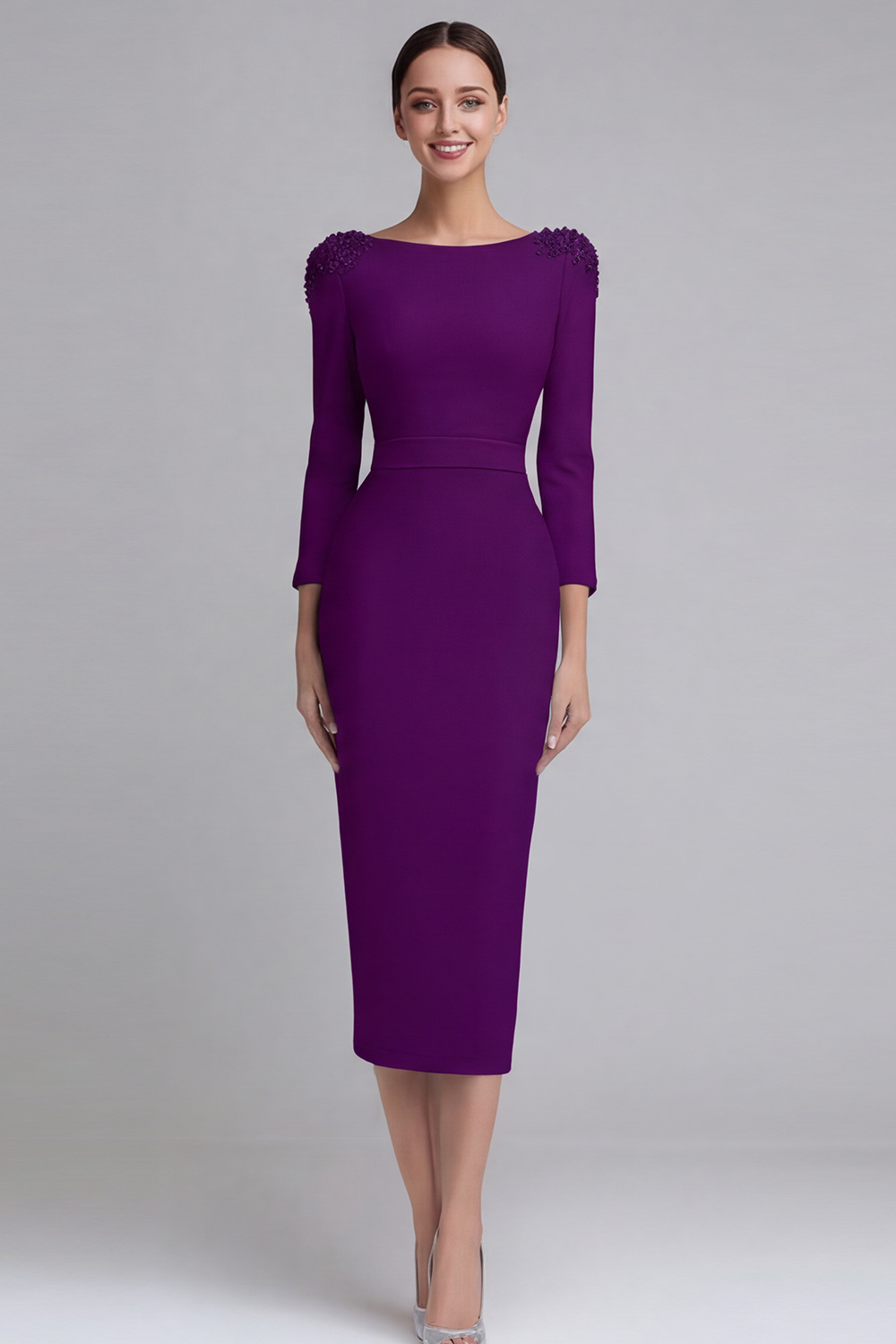 Simple Light Blue Boat Neck Pencil Appliqued Midi Work Dress with Sleeves