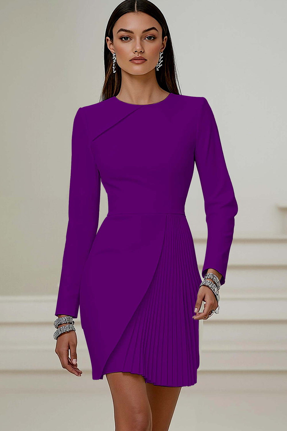 Ivory Pencil Round Neck Pleated Short Work Dress with Sleeves