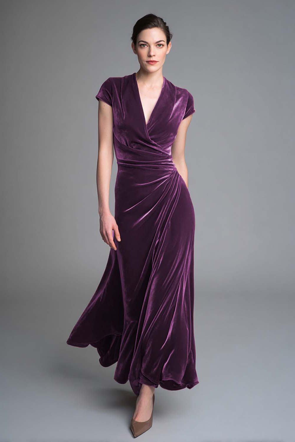 Elegant Caramel Velvet Ruched V Neck Long Holiday Party Dress with Sleeves