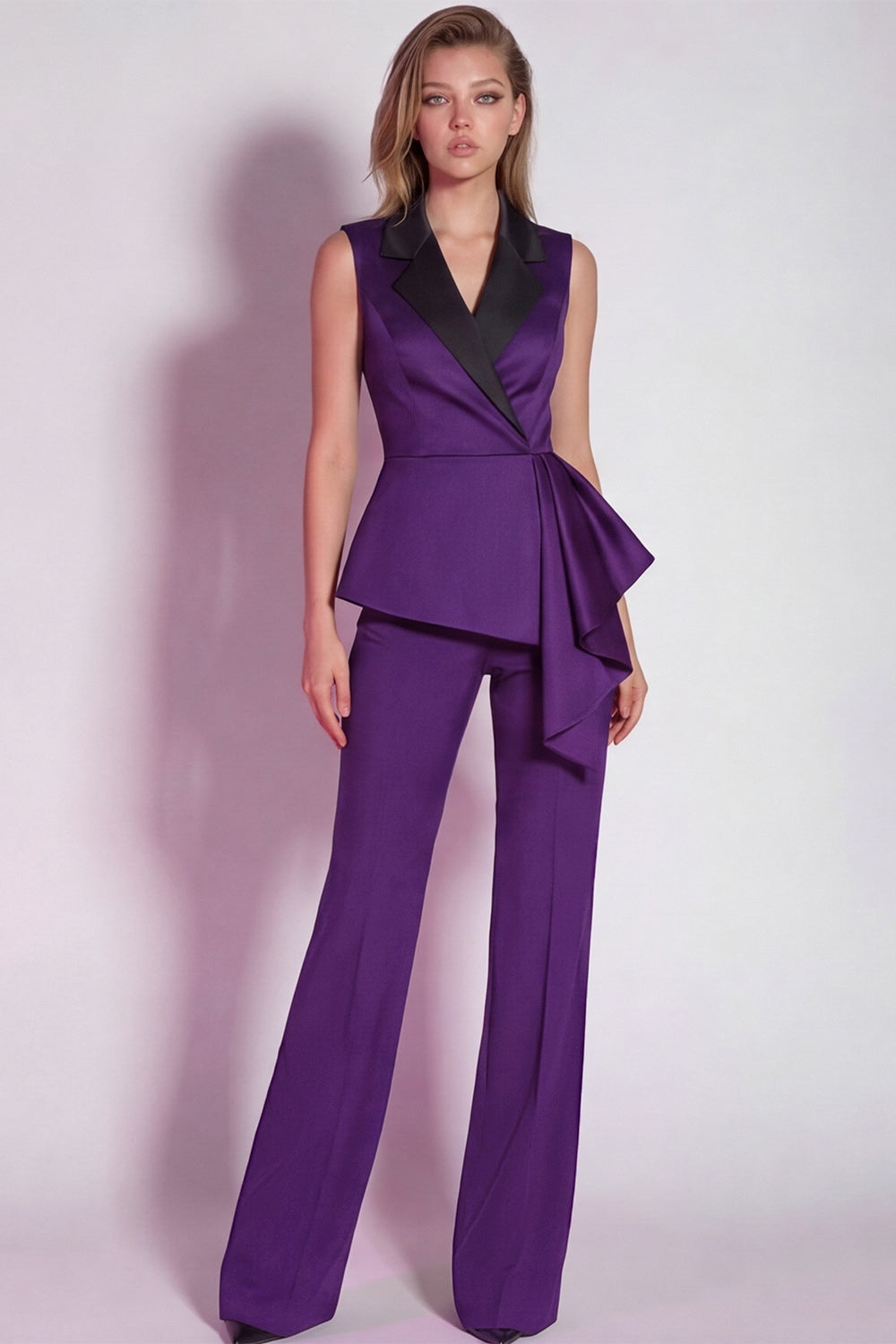 Purple 2 Piece Notched Lapel Vest Business Suits with Sash