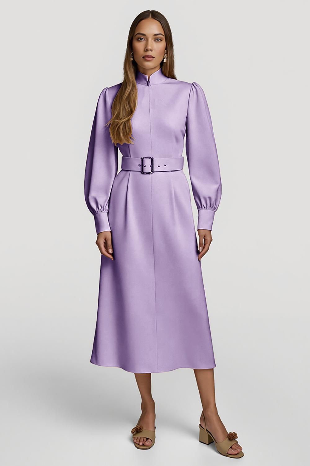 Grey Pink Pencil High Neck Midi Satin Work Dress with Belts