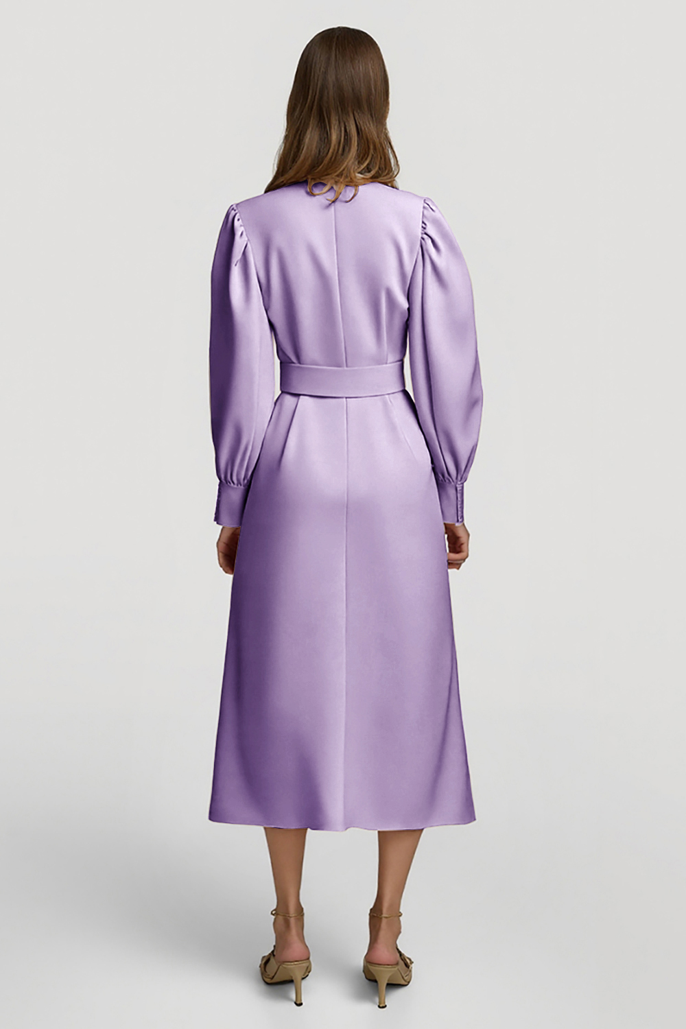 Grey Pink Pencil High Neck Midi Satin Work Dress with Belts