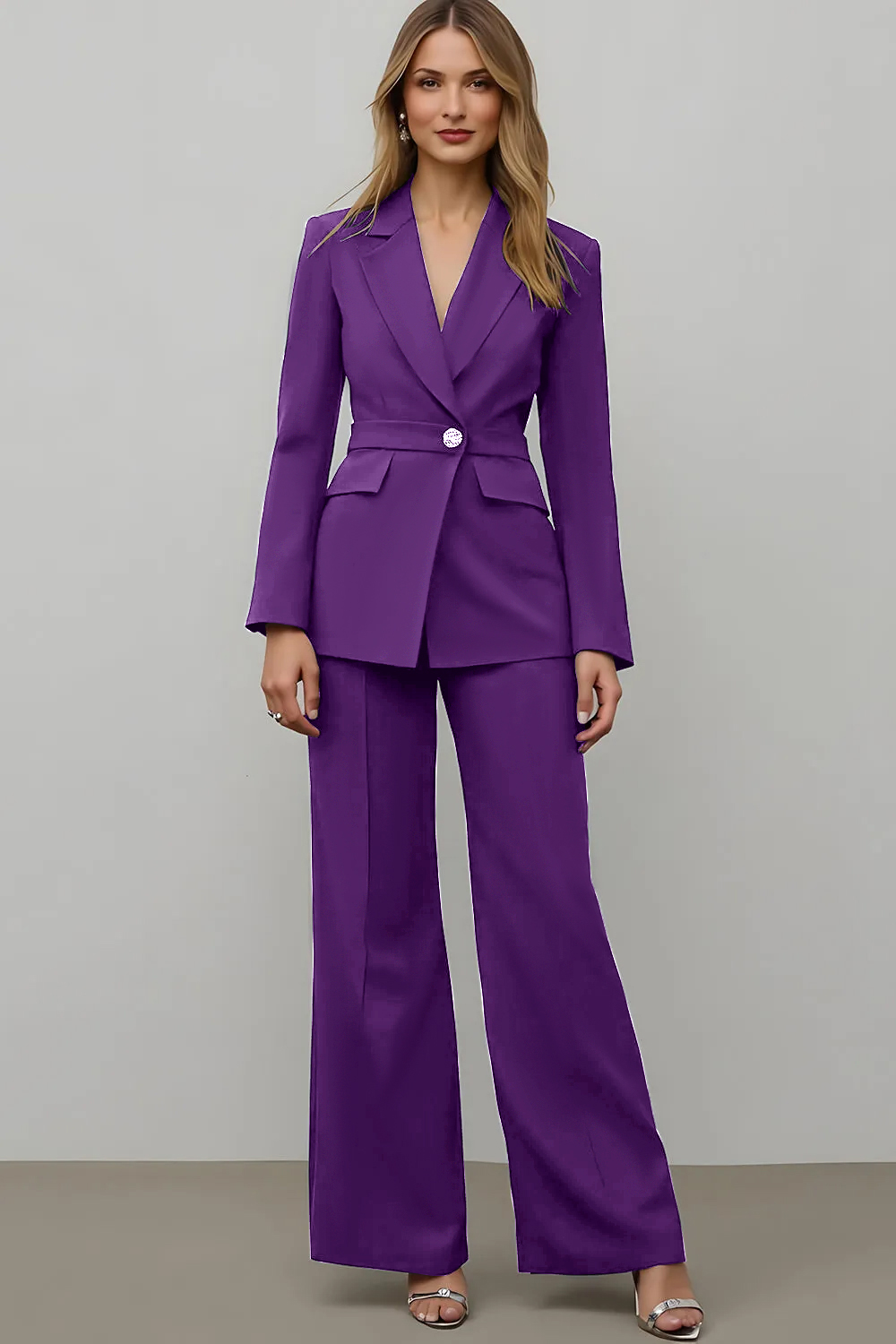 Navy 2 Piece Satin Notched Lapel Wide Leg Business Suits