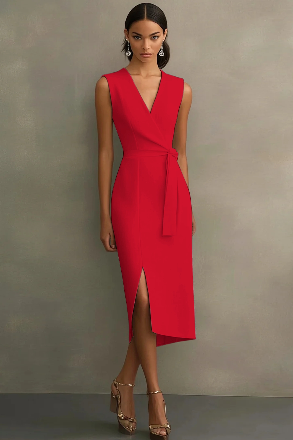 White Bodycon Satin V-Neck Mid-Calf Semi Formal Dress with Slit