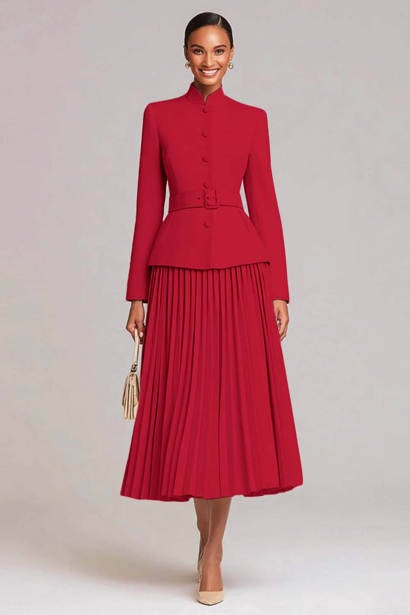 2 Piece Light Pink Pleated High Neck Business Suits with Belt