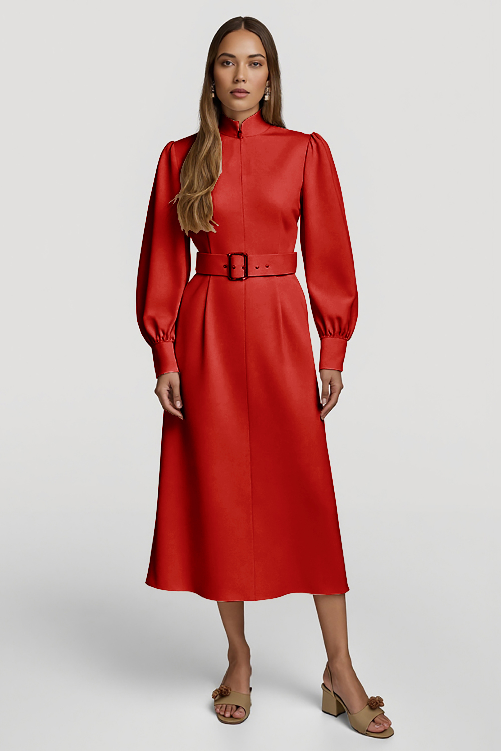 Grey Pink Pencil High Neck Midi Satin Work Dress with Belts