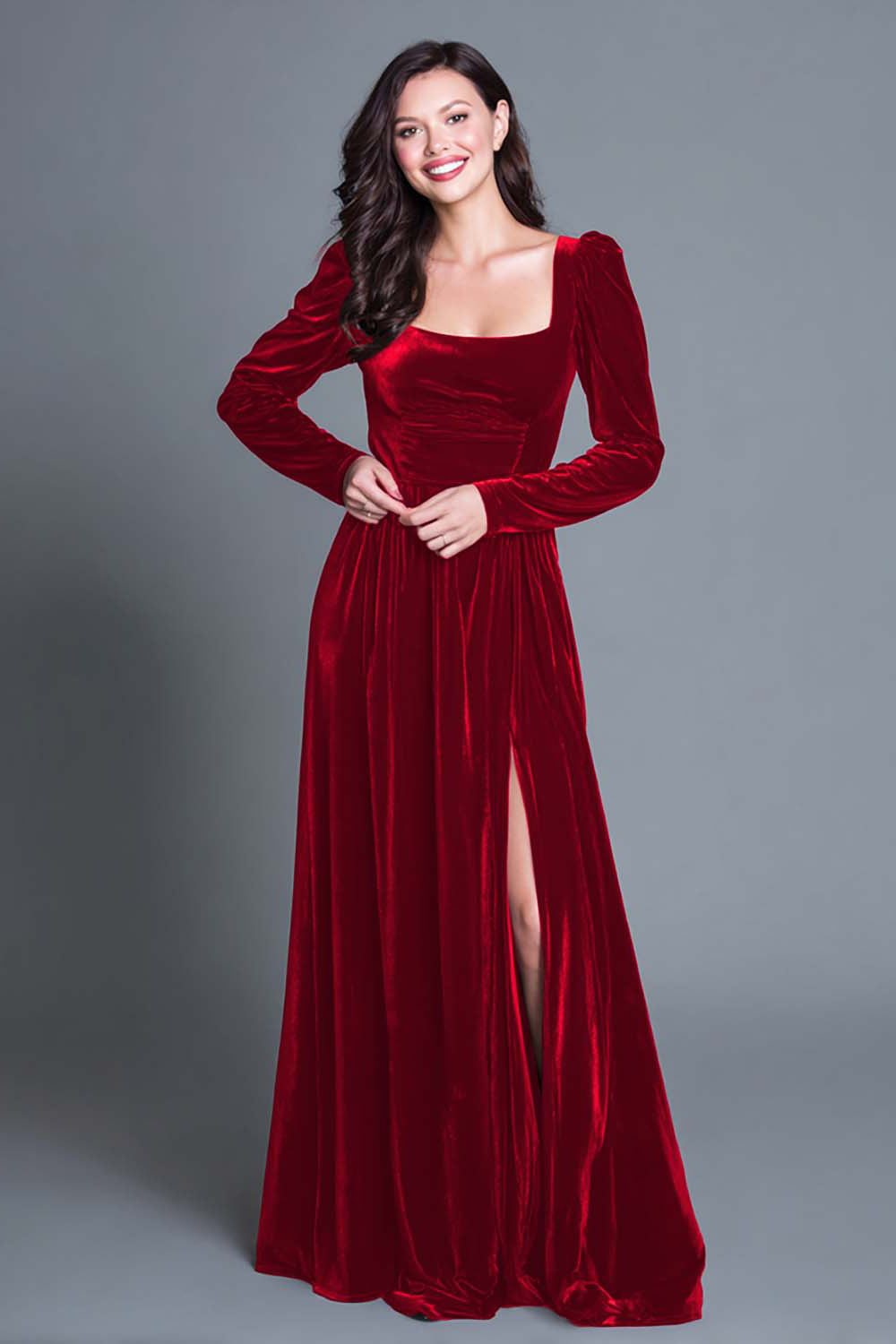 Burgundy Velvet Square Neck Long Sleeves Holiday Party Dress with Slit