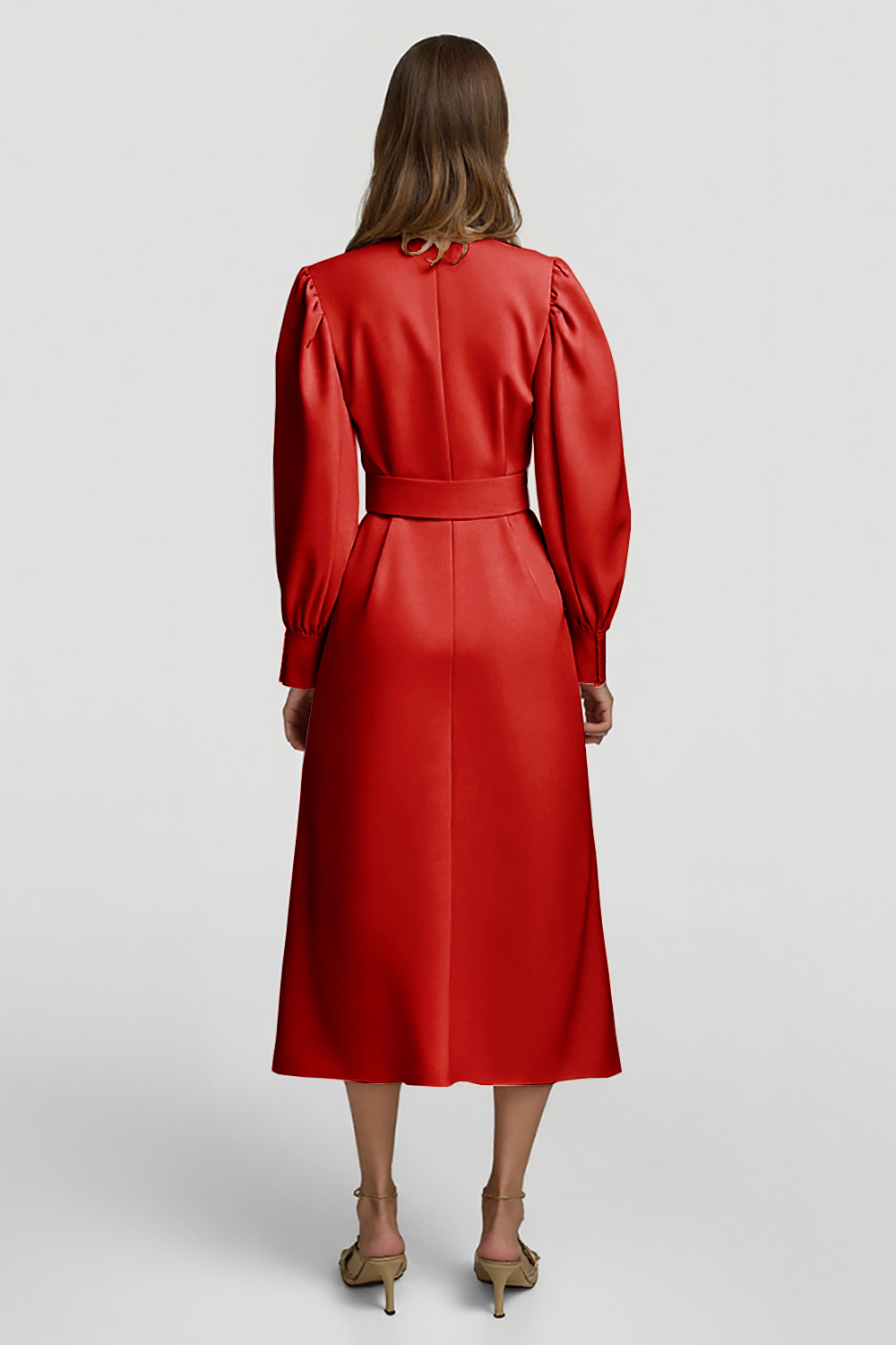 Grey Pink Pencil High Neck Midi Satin Work Dress with Belts