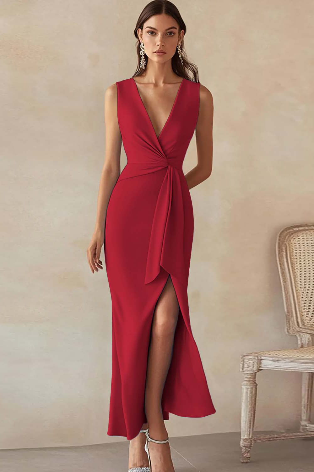 Sky Blue Satin Sheath Deep V-Neck Long Work Dress with Ruffles