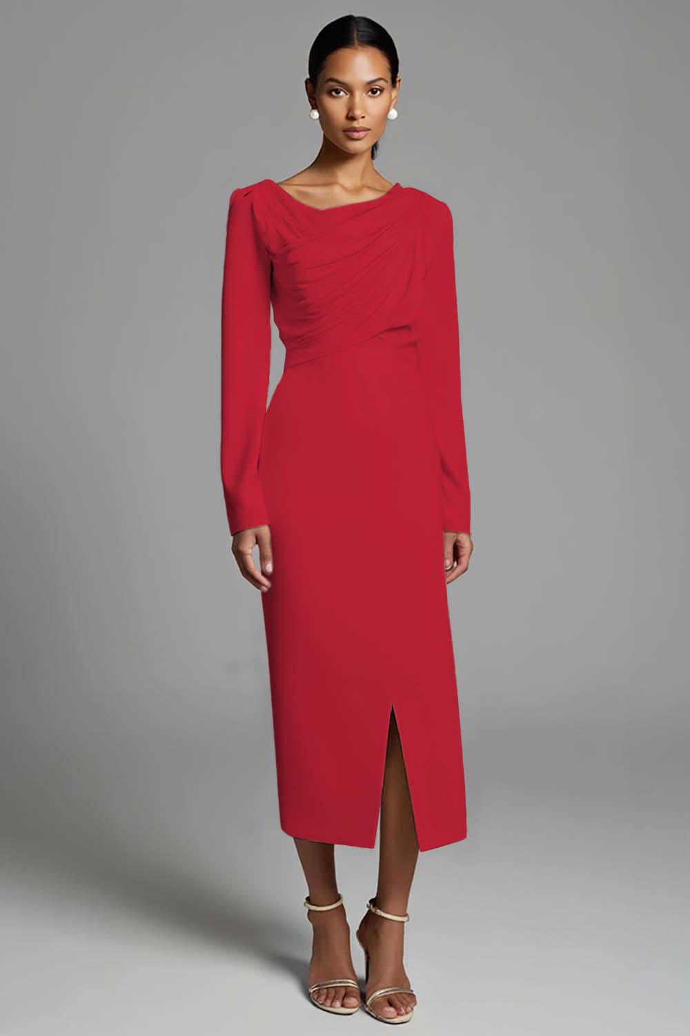 Ivory Ruched Sheath Long Sleeves Work Dress with Slit