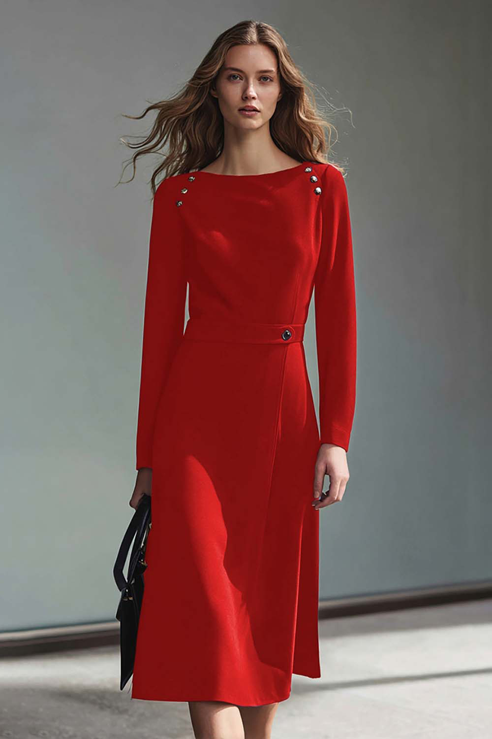 Dark Purple Pencil Bateau Neck Midi Work Dress with Sleeves