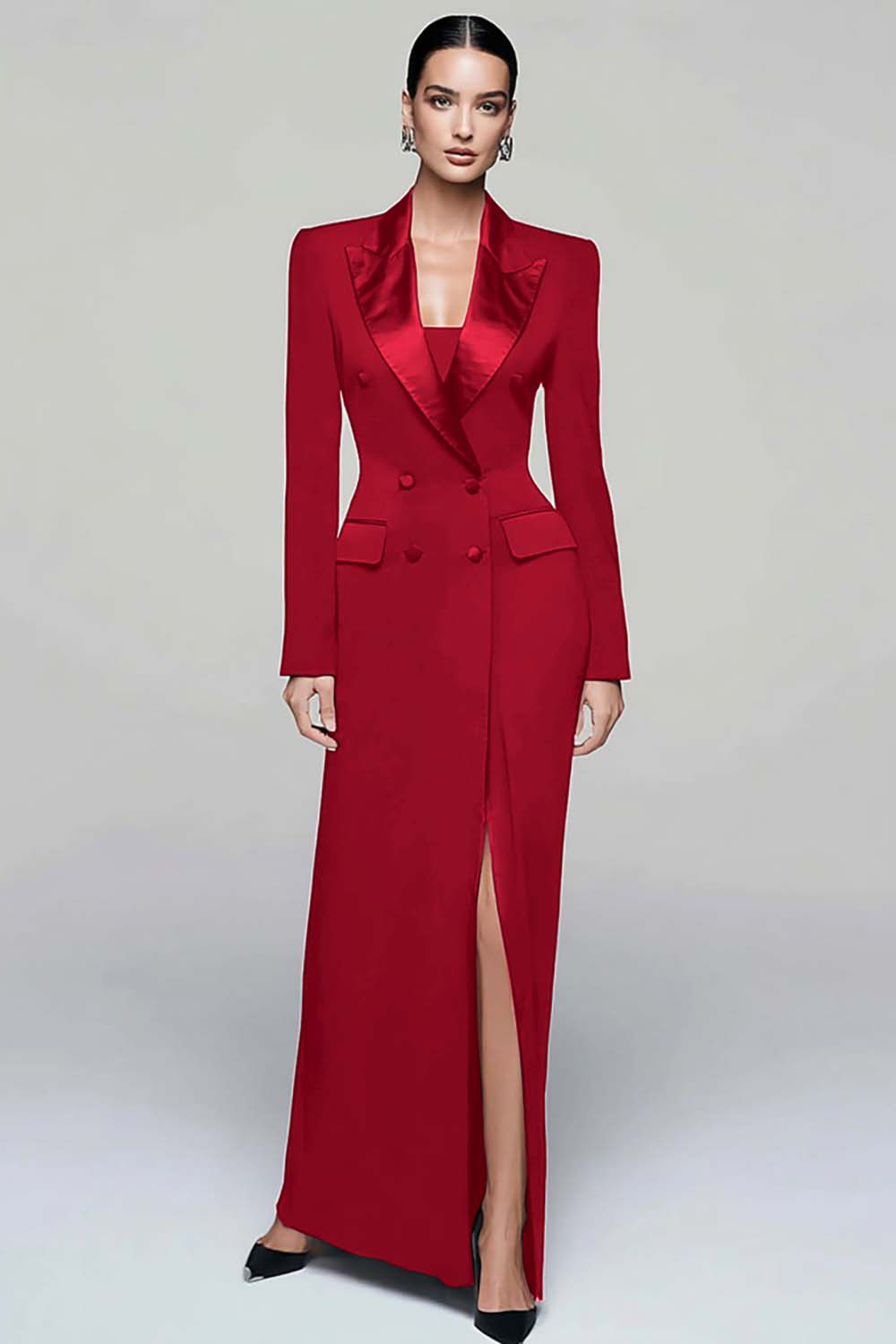 Black Pencil Peak Lapel Double Breasted Maxi Blazer Dress with Sleeves