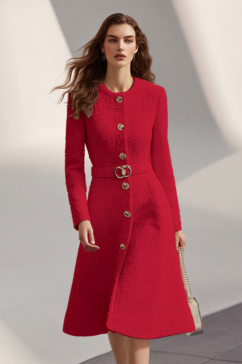 Ivory Tweed Round Neck Single Breasted Midi Work Dress with Sleeves