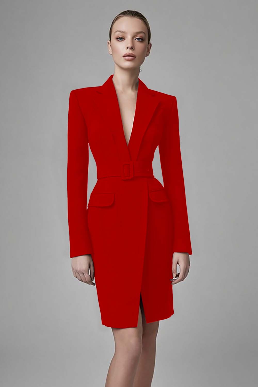 Simple Black Bodycon Long Sleeves Short Blazer Dress with Belts