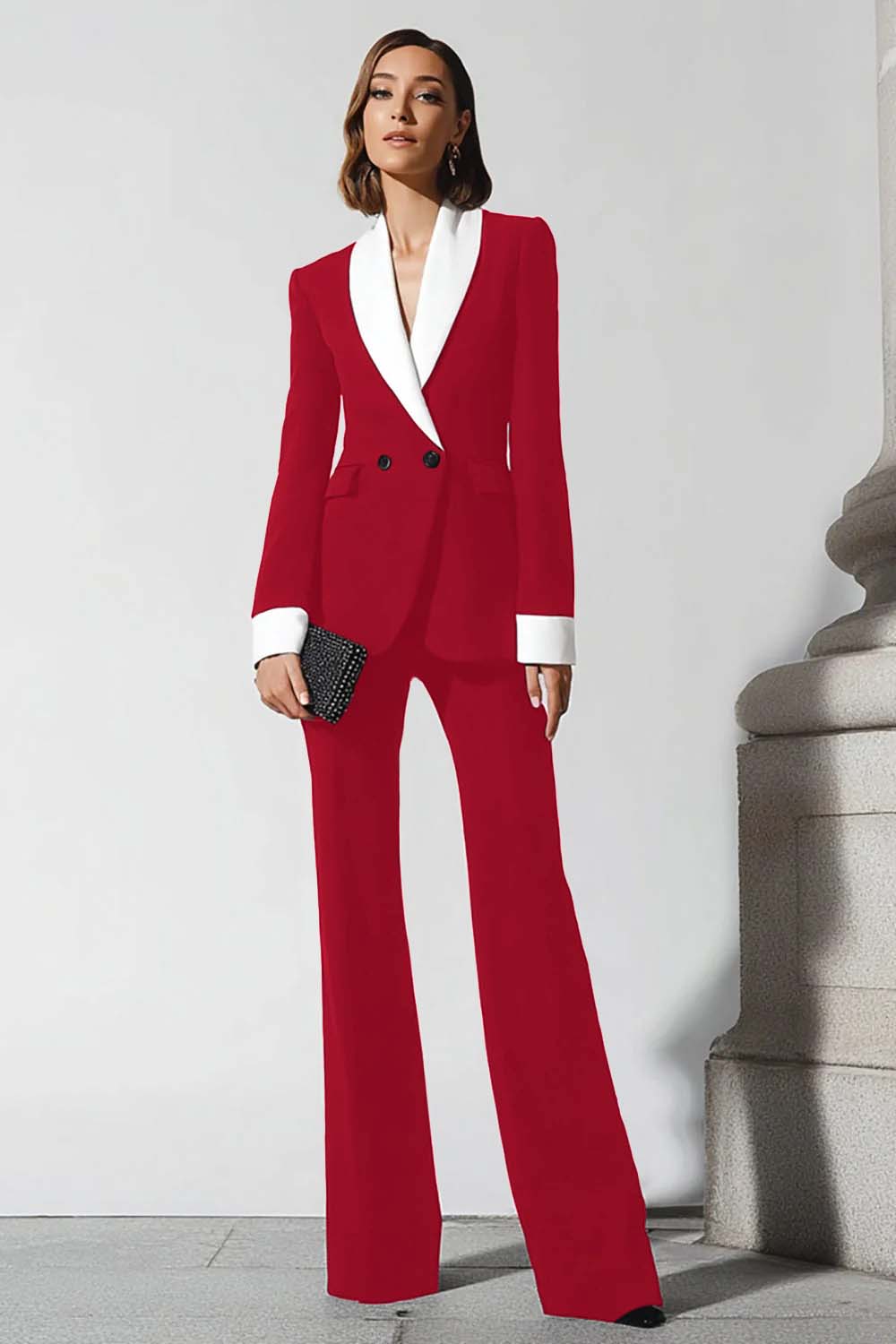 Black 2 Piece Shawl Lapel Flare Leg Business Suits with Sleeves