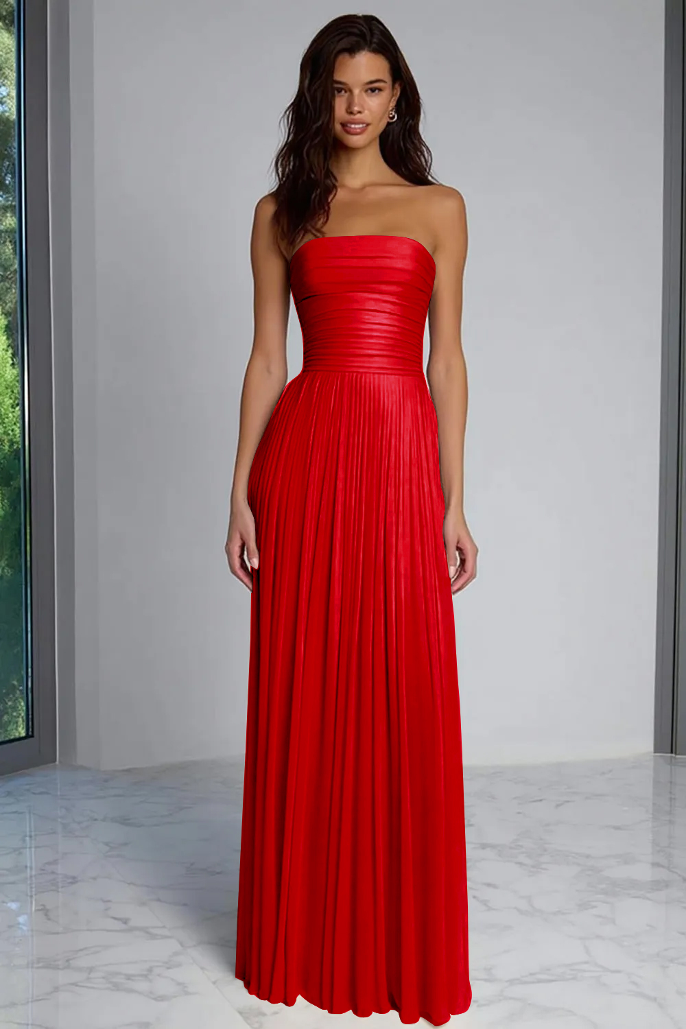 Champagne Sheath Strapless Pleated Long Wedding Guest Dress