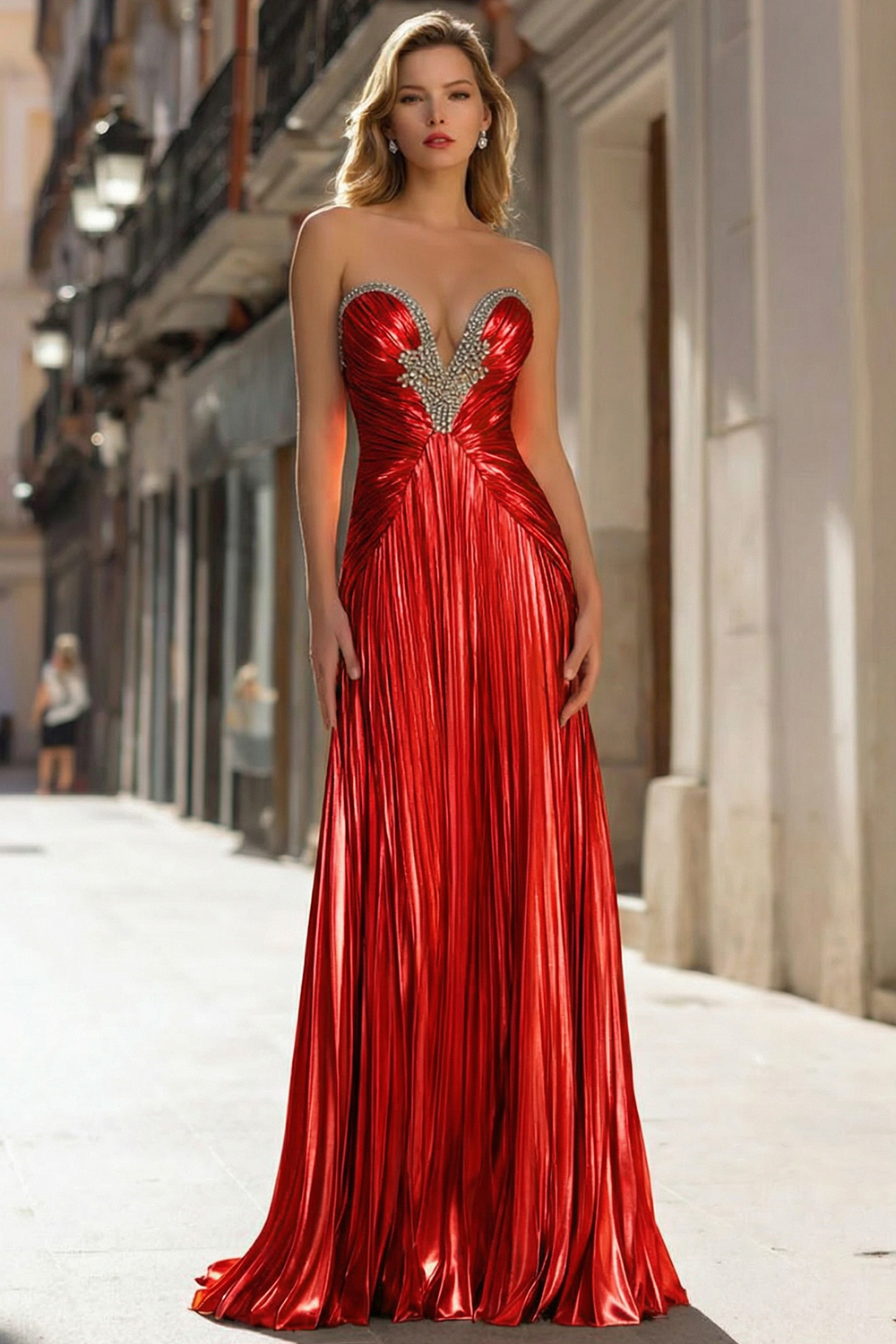 Sparkly Gold Pleated Strapless Metallic Long Prom Dress