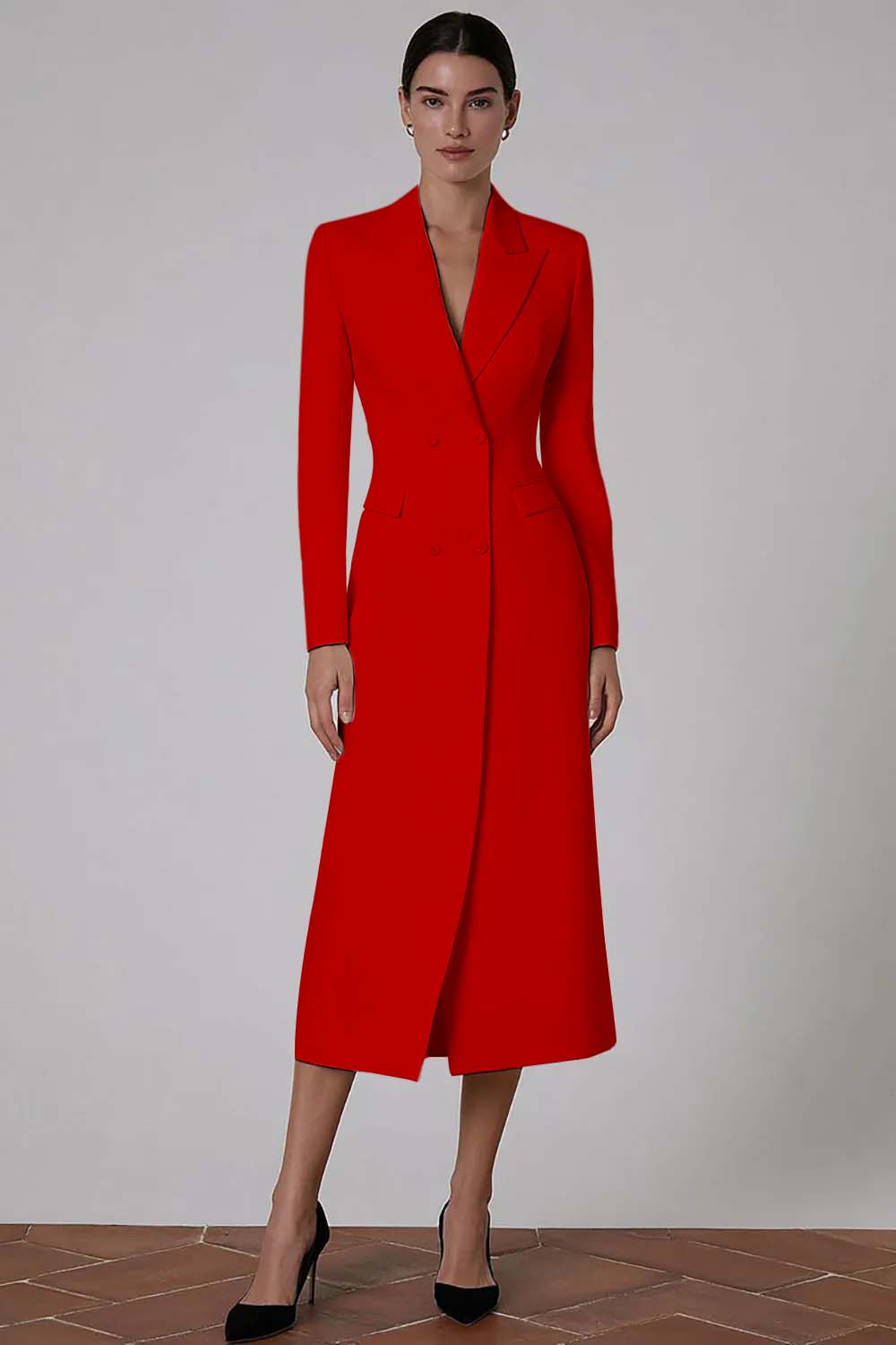 Ivory Double Breasted Peak Lapel Midi Blazer Dress